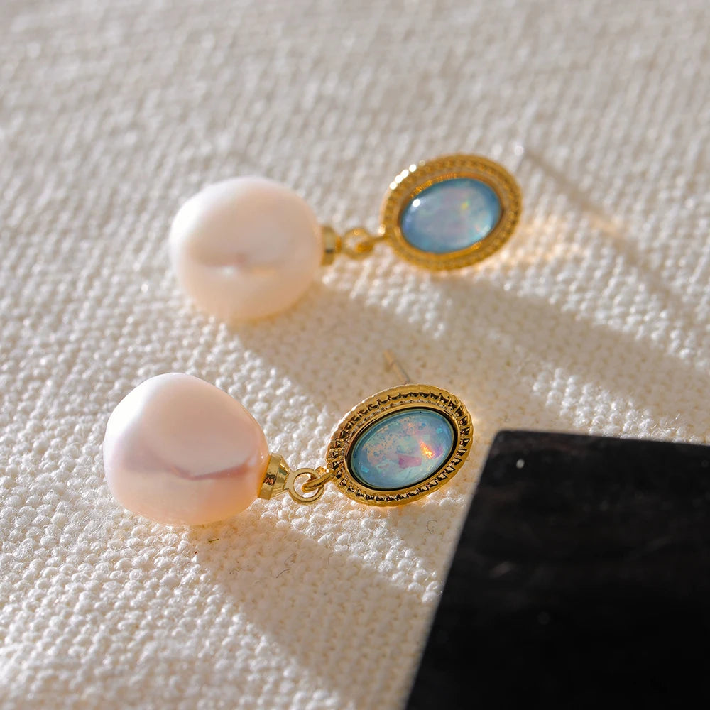 Luxury Blue Natural Freshwater Pearls Round Drop Earrings High Grade Elegant Charm Metal Copper Femme Jewelry Party Gift