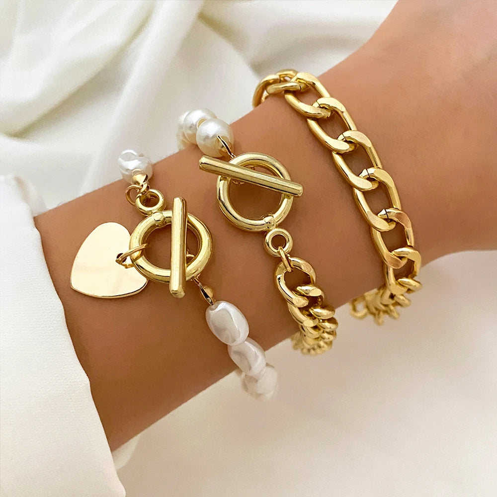 Trendy OT Buckle Chain Bracelet Set For Women Gold Color Link Chain Bangle Female Fashion Jewelry