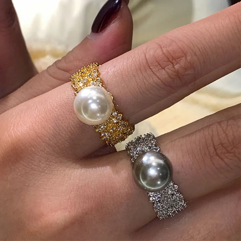 Sparkling Zircon Pearl Rings For Women Couples New Trendy Creative Exquisite Elegant Personality  Jewelry