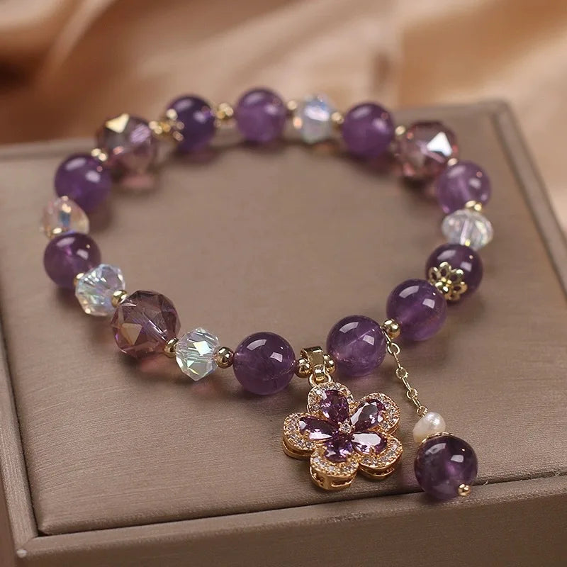 New Purple Crystal Beaded Bracelets For Women Shiny Zircon Flower Water Drop Charm