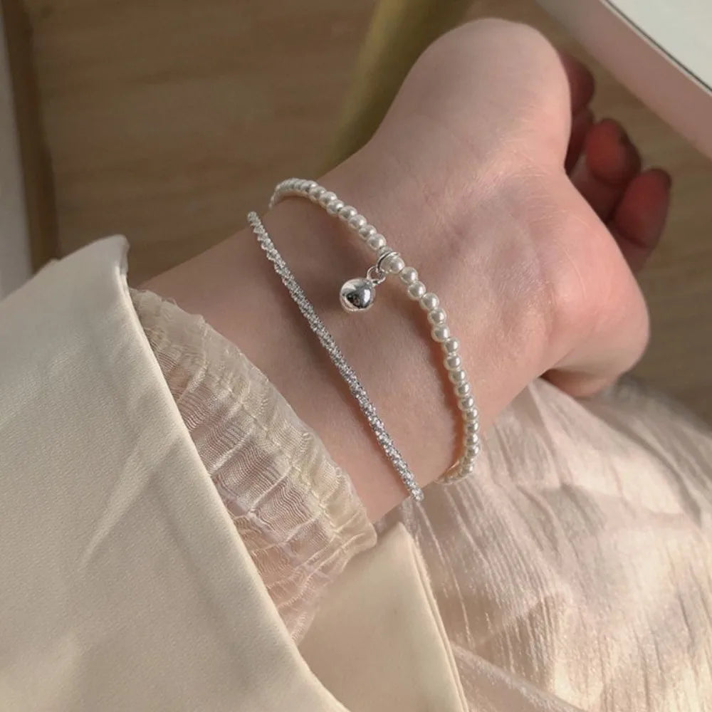 925 Sterling Silver Pearl Bracelets for Women Silver Bead Chain Bracelets