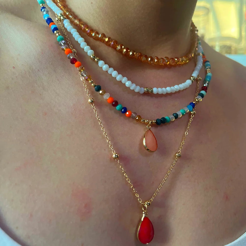 Fashion Multilayer Boho Colorful Bead Chain Necklace For Women Female Crystal Water Drop Metal Letter Pendant Jewelry