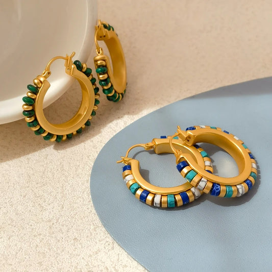 Retro Jewelry Green Stones Earrings Hot Sale Luxury Design High Quality Brass Metal Gold Color Hoop Earrings