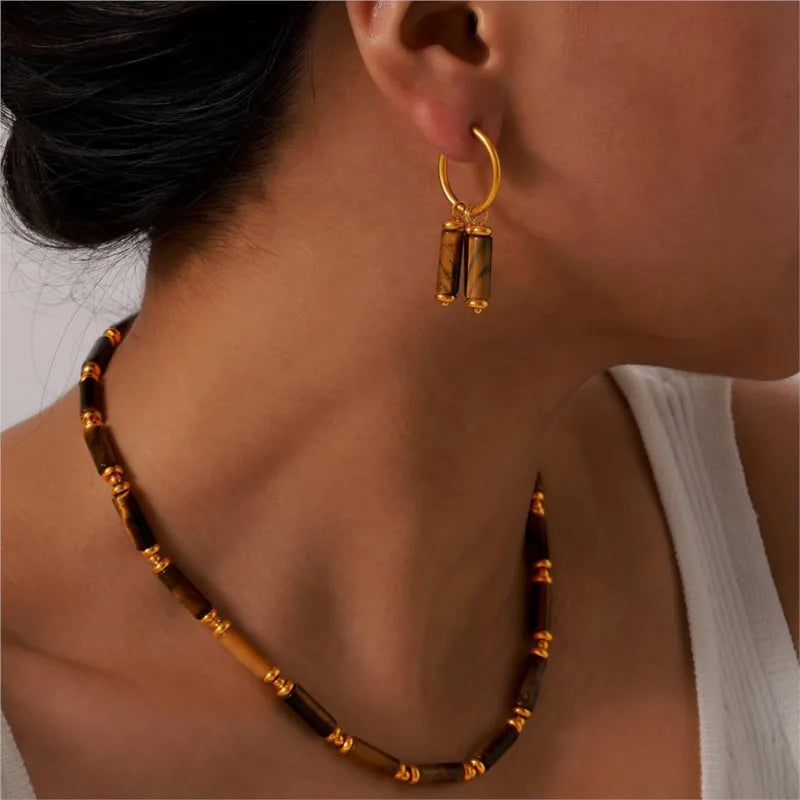 Tiger-eye Stone Beads Drop Earrings Necklace Stainless Steel Gold Plated Stud Earring Necklaces For Women Jewelry Set