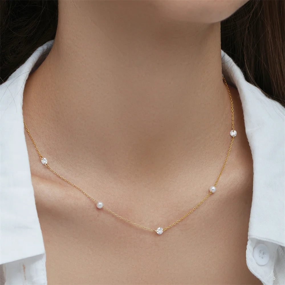 s925 Sterling Silver Round Imitate Pearl Pendant Necklaces Chain For Women Necklace Jewelry