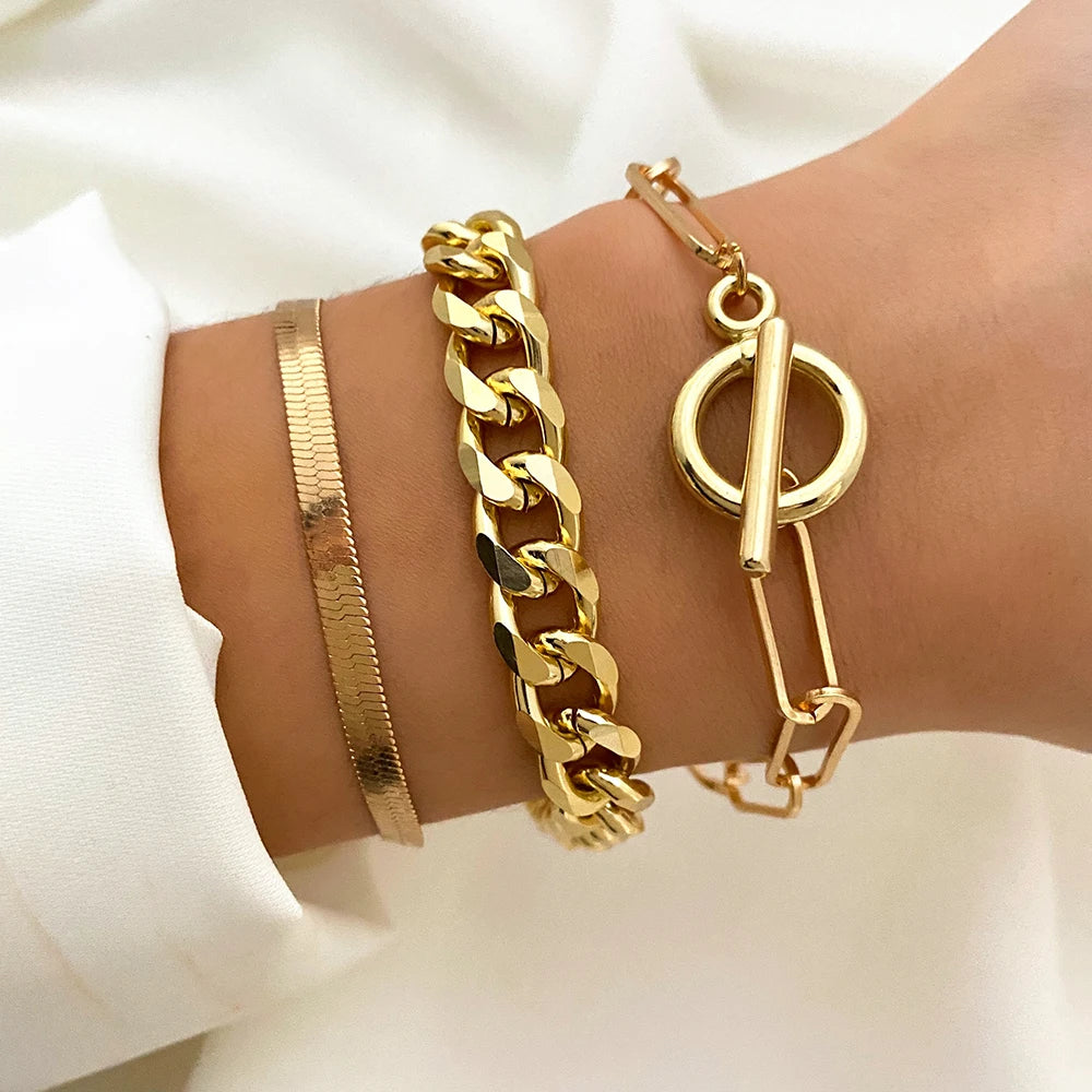 Trendy OT Buckle Chain Bracelet Set For Women Gold Color Link Chain Bangle Female Fashion Jewelry