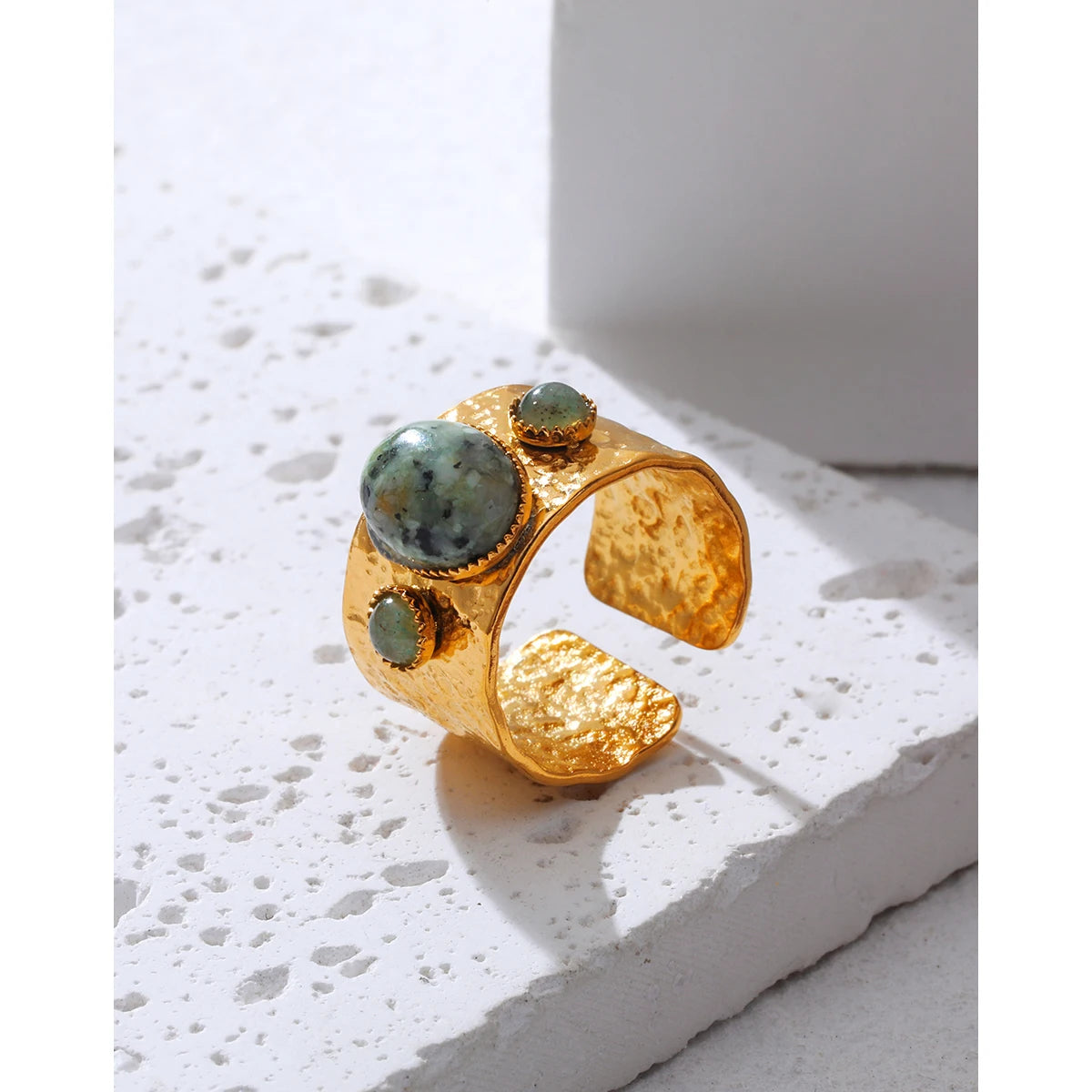 18K Gold Plated Stainless Steel Rings for Women Vintage Luxury Green Natural Stone Irregular Texture Trendy Jewelry