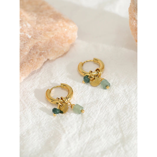 Gold Plated Stainless Steel Hoop Earrings for Women Vintage Green Natural Stone Charms Trendy Waterproof Jewelry