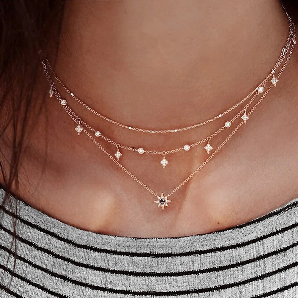 925 Sterling Silver Crystal Gold Rose Gold Silver Color Dangle Star  Drop Choker Necklaces Jewellery For Women