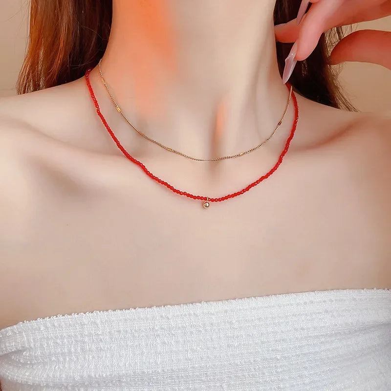 Double-layer Stacked Red Crystal Chain Choker Necklace for Women Light Luxury Simple Fashion Jewelry