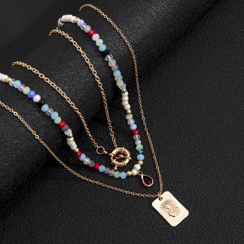 Multilayer Colourful Beaded Necklace  Water Drop Pendant Crystal Pearl Chain Women's Fashion Premium Daily Party Jewellery Gift