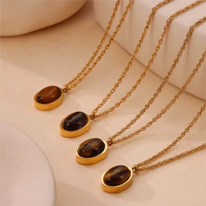 Tiger Eye Stone Pendant Necklace For Women Stainless Steel 18K Gold Plated Waterproof Women's Necklaces Girls Neck Chain Choker