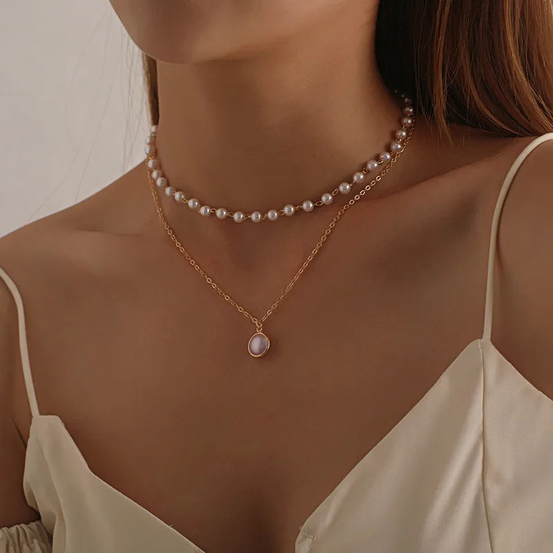 New Women's Pearl Necklace  Gold Color Beads Pendant Necklaces  Double Layer Chain Choker for Women Fashion Jewelry