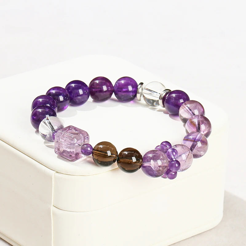 Natural Amethyst Rock Quartz Beads Round Ring Square Strand Bracelet Women Luxury Design Reiki Healing Charm Bangles Jewelry