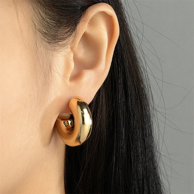 New Retro Stainless Steel Chunky C Shape Hoop Earrings Glossy Gold Plated PVD Circle Round Tube Huggie Hoops Stacked Ear Jewelry