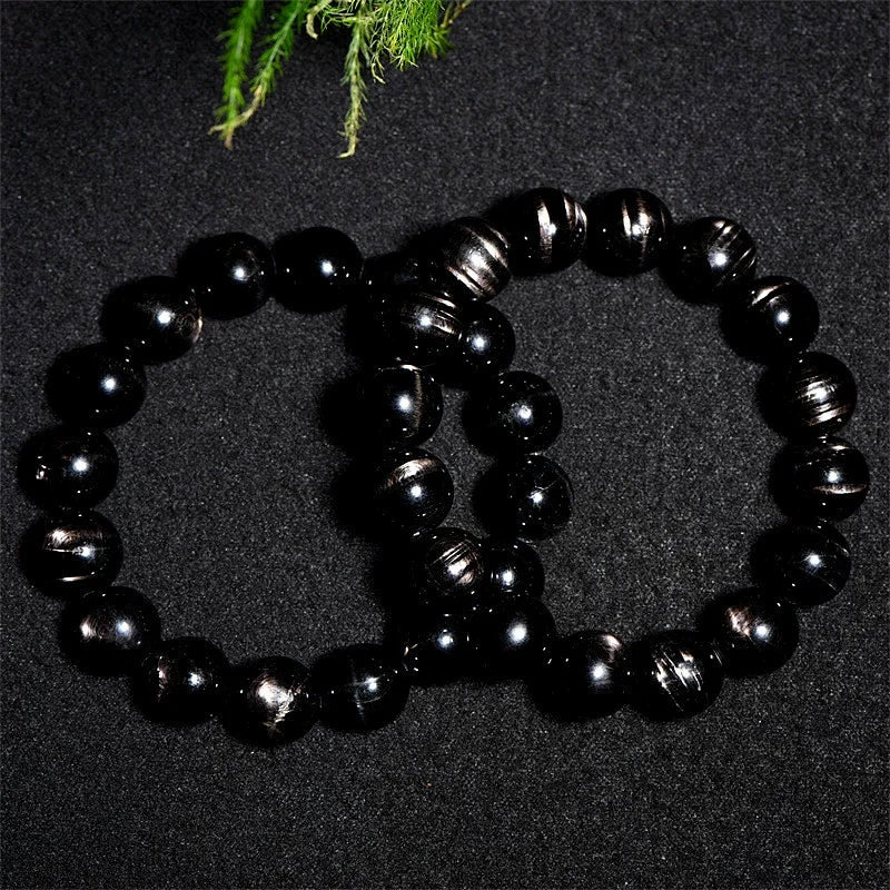 Genuine Natural Hypersthene Black Flash Egypt Women Men Bracelet Gold Lucky Hypersthene Round Beads  AAAAA