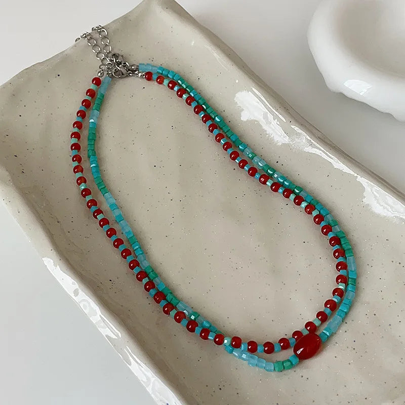 Retro Red Blue Contrast Color Natural Stone Cubes Beaded Necklace for Women  Silver Chain Beads Strand Chokers