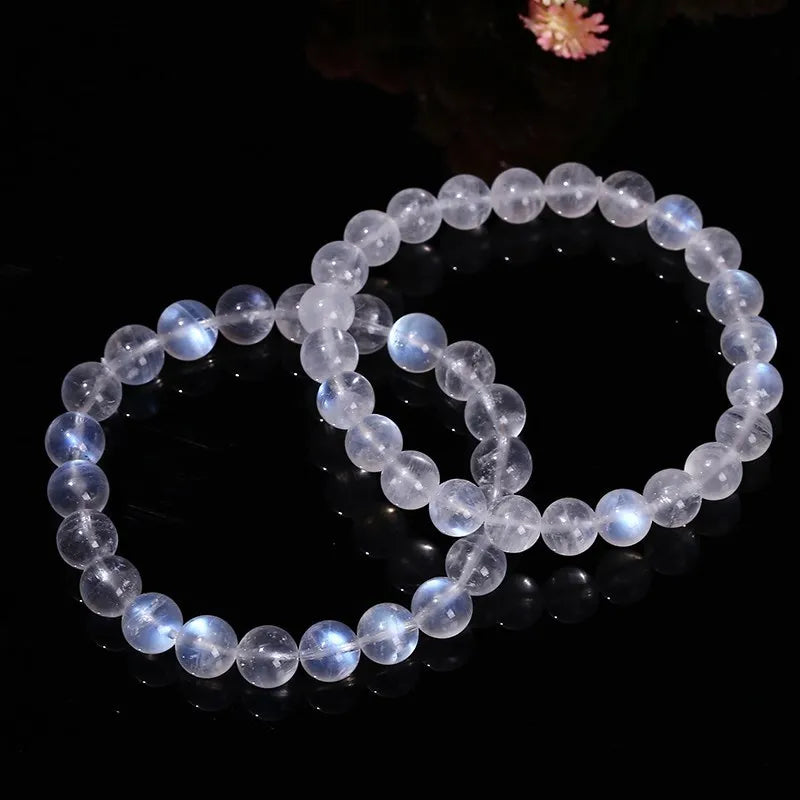 Natural Stone Blue Light Moonstone Strand Bracelets Women Round Energy Labradorite Elastic