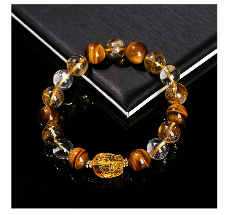 Natural Yellow Tiger Eye Stone Citrine Beeswax Pixiu Wealth Lucky Bracelet Women Men New Design Handmade Feng Shui Jewelry