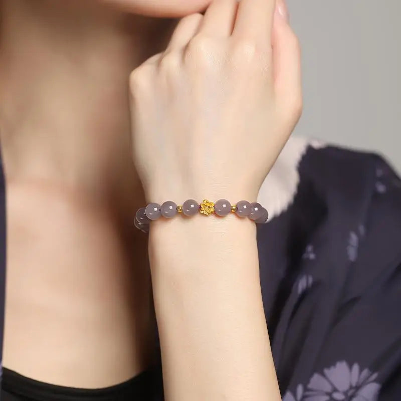 Natural Authentic High-End Smoky Purple Hetian Jade Bracelet Female Summer Jade Pure Gold Lotus Hand Skewers Beads Hand Jewelry