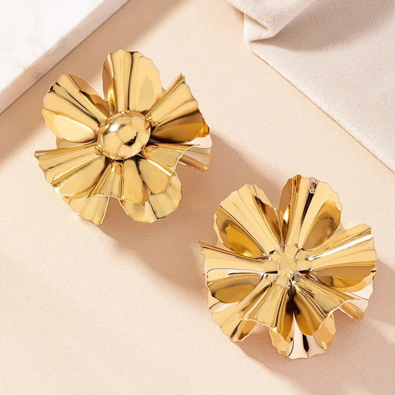 Geometric Flower Pleated Metal Stud Earrings For Women  Fashion Jewelry