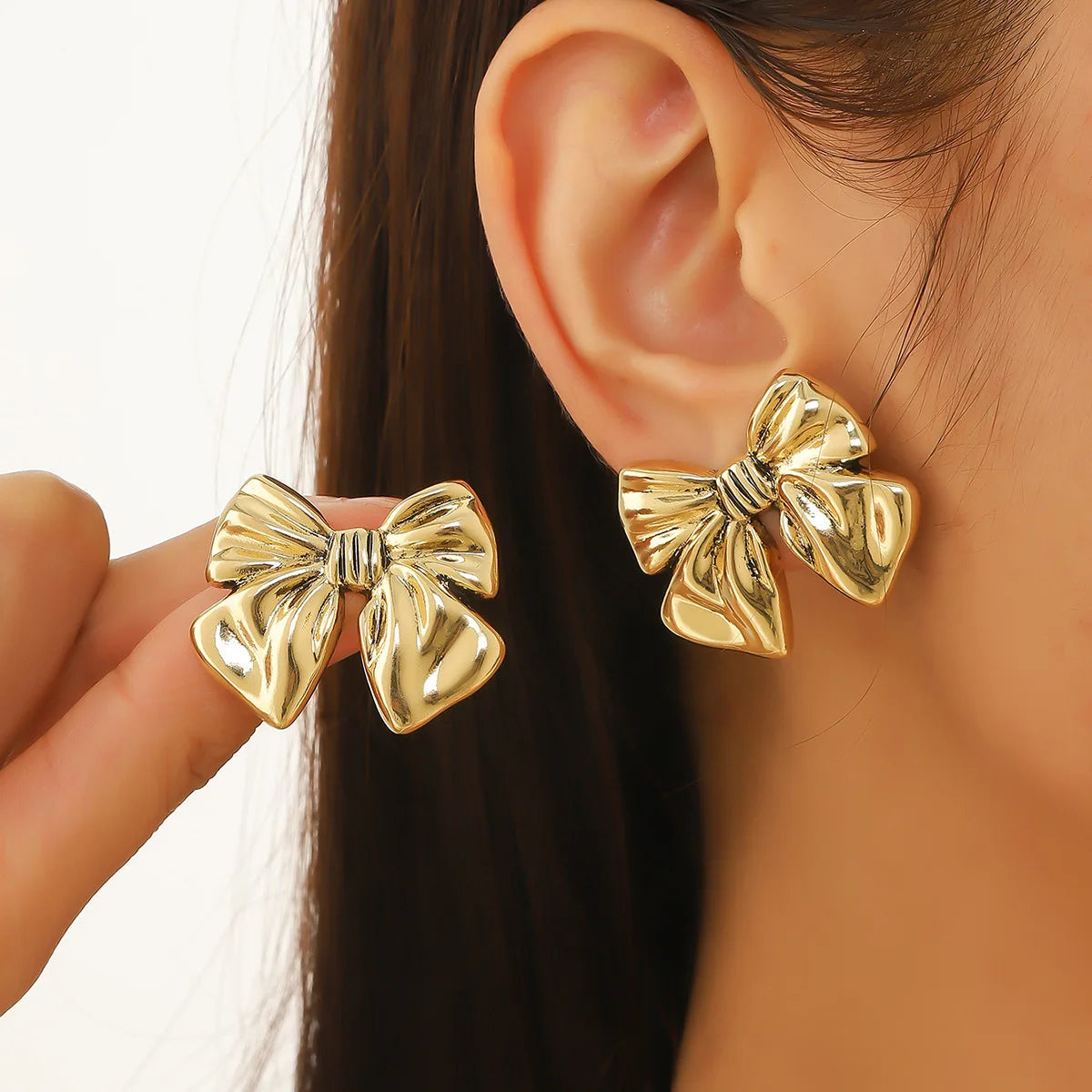 Stainless Steel Metal Ribbon Bow Stud Earrings for Women Girls18K Gold Plated Cute Statement   Jewelry