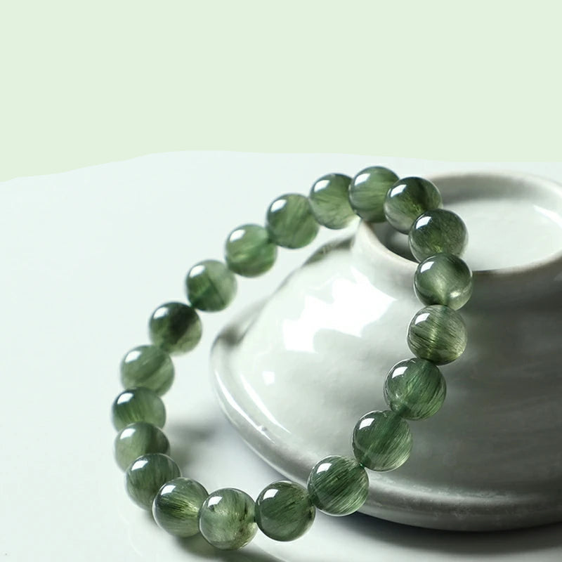 Natural Green Rutilated Quartz Beaded Bracelet – Gemstone Jewelry for Men and Women