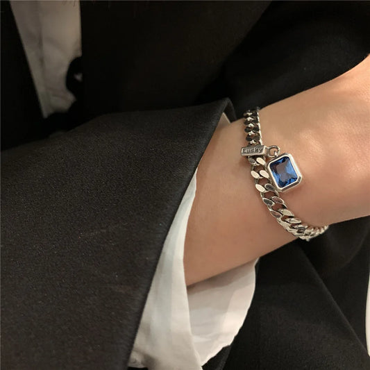 Popular 925 Sterling Silver Square Blue Crystal Bracelet Geometric Shape Charm Bracelet Women Birthday Gift