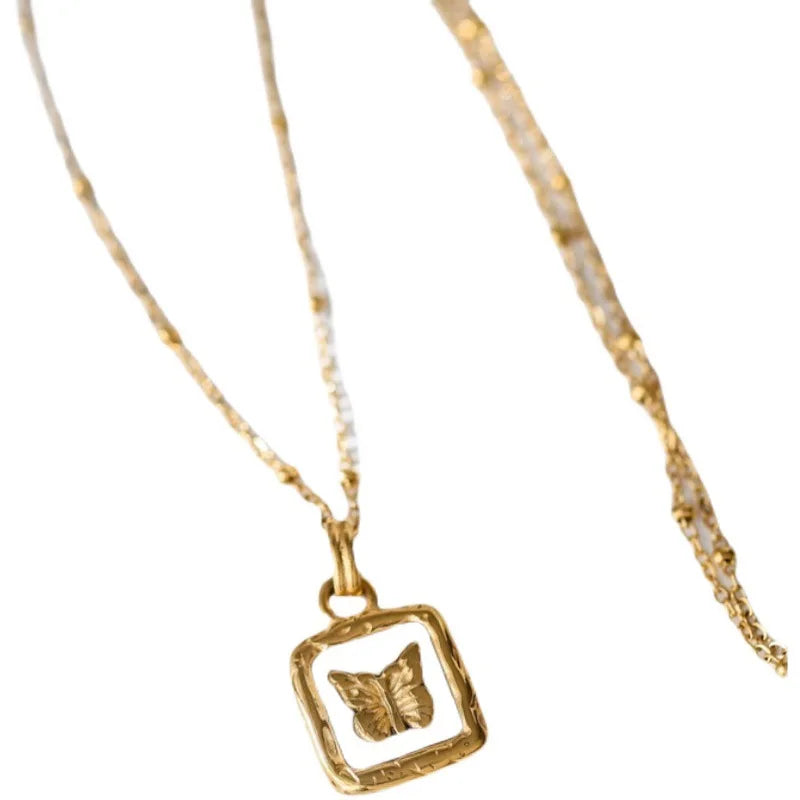 Butterfly Shell Pendant Collar Stainless Steel Golden Square Trendy Fashion Necklace