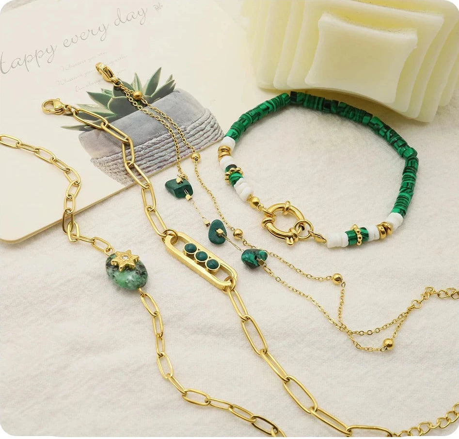 Boho Vintage Green Natural Stone Bracelets for Women Stainless Steel Trendy Charms Aesthetic Jewelry Set