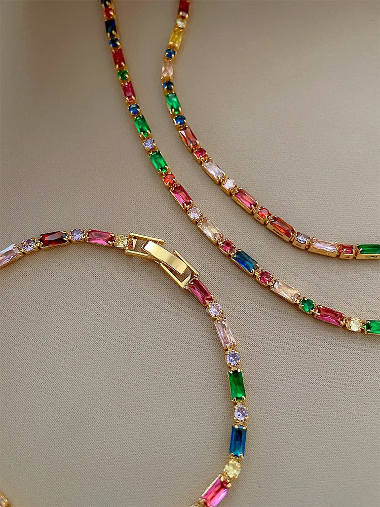 Colorful Zircon Chain Necklace Bracelet Jewelry Sets  Fashion Accessories