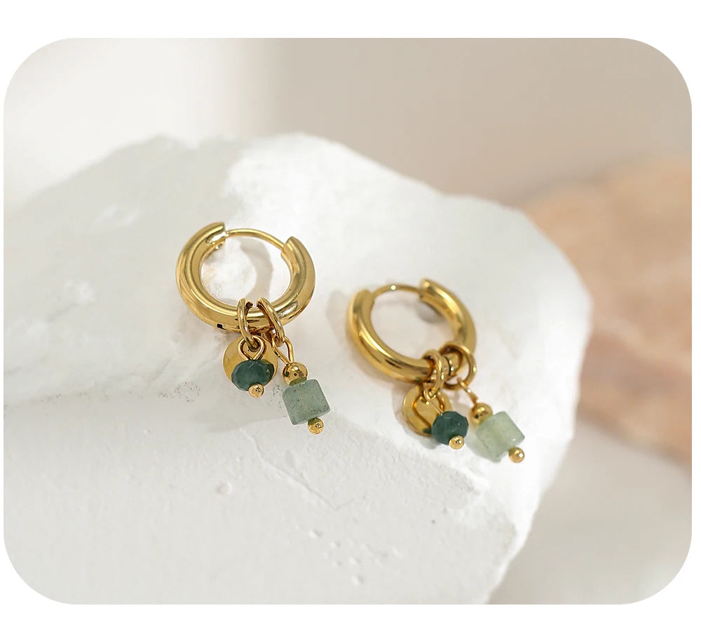 Gold Plated Stainless Steel Hoop Earrings for Women Vintage Green Natural Stone Charms Trendy Waterproof Jewelry