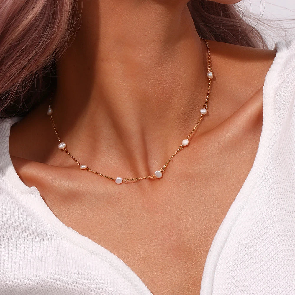 Stainless Steel Chain Freshwater Pearl Chain Necklace Bracelets For Women Gold Plated Jewelry Set