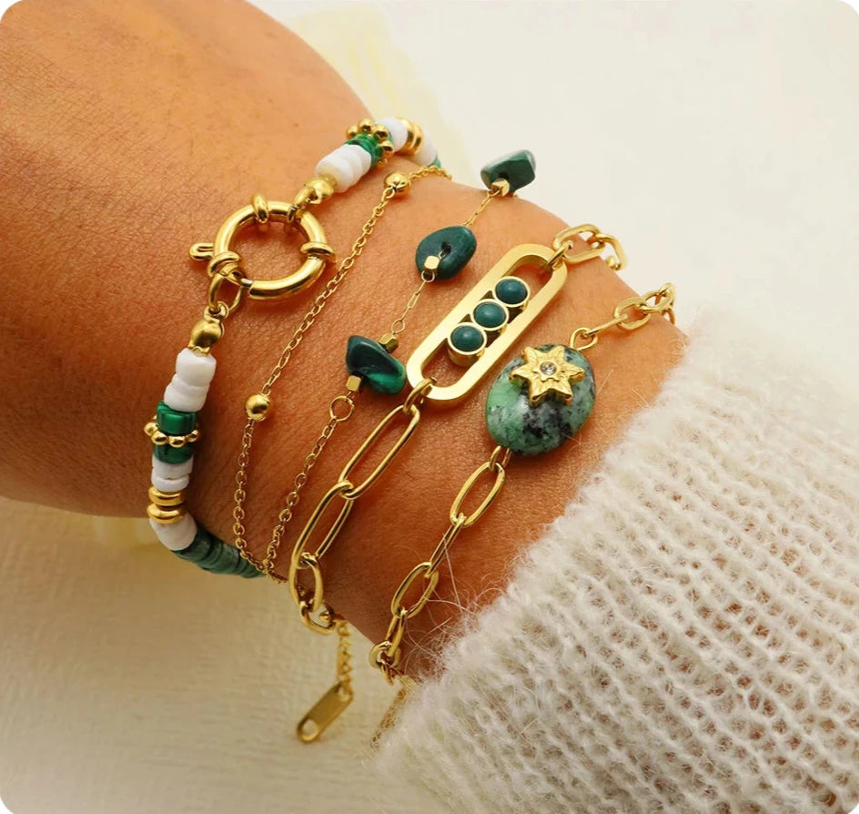 Boho Vintage Green Natural Stone Bracelets for Women Stainless Steel Trendy Charms Aesthetic Jewelry Set