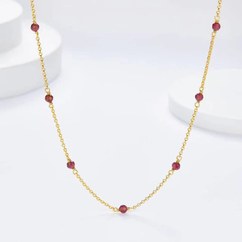 Natural Garnet 925 Sterling Silver Choker Necklaces For Women Red Stone Beads Spaced Chain And Pendant Necklace Set For Stack