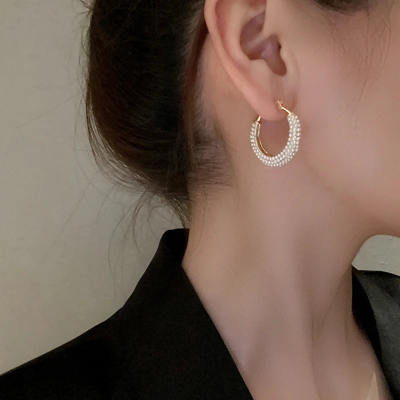 New Design Fashion Jewelry Handmade Pearl Round hoop Earrings Elegant Women's Daily Work Accessories