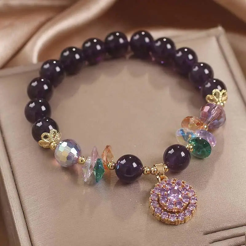 Natural Amethyst Beaded Flower Bracelet For WomenLuminous Zircon Pendant Retro Elegant Blessing Card Gift Woven Jewelry