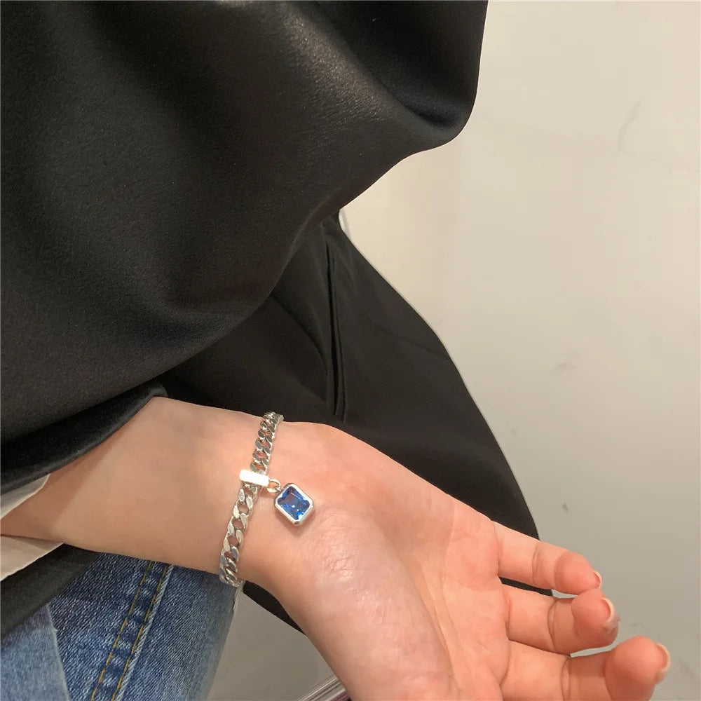 Popular 925 Sterling Silver Square Blue Crystal Bracelet Geometric Shape Charm Bracelet Women Birthday Gift