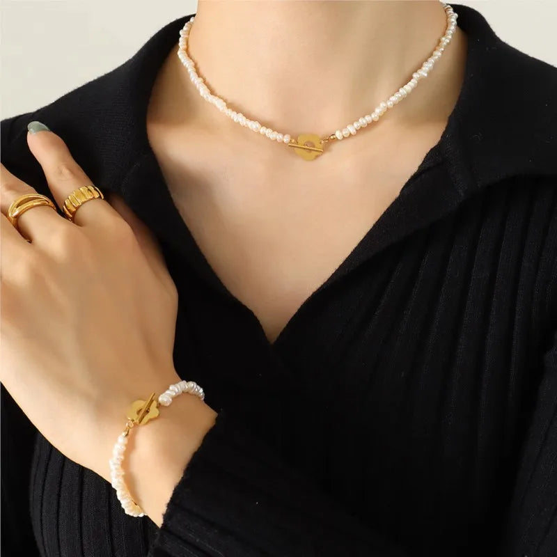 Natural Freshwater Pearl Necklace Bracelet For Women Stainless Steel Gold Plated Flower OT Buckle Women's Necklaces Bracelets