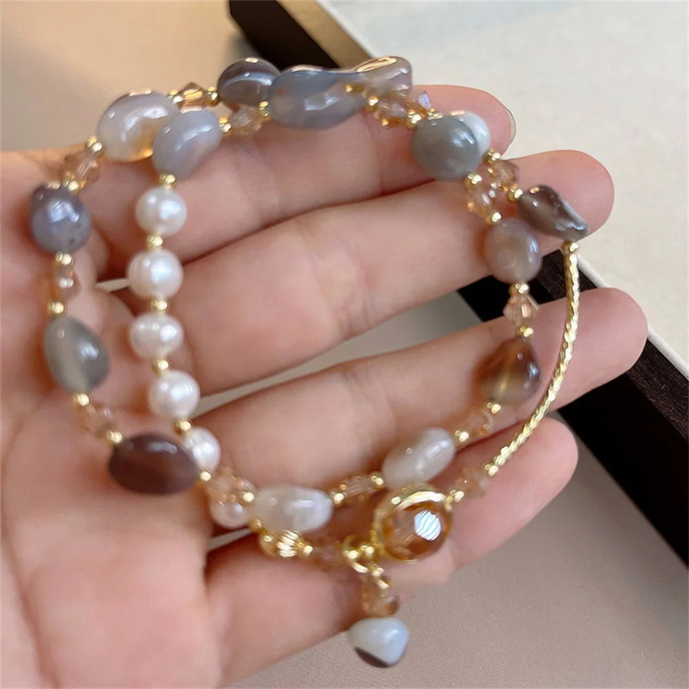 Elegant Pearl Crystal Jade Double Round Bracelet For Women Fashion Sweet Crystal Geometry Jewelry