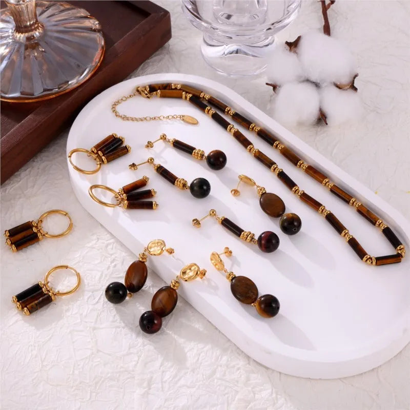 Tiger-eye Stone Beads Drop Earrings Necklace Stainless Steel Gold Plated Stud Earring Necklaces For Women Jewelry Set