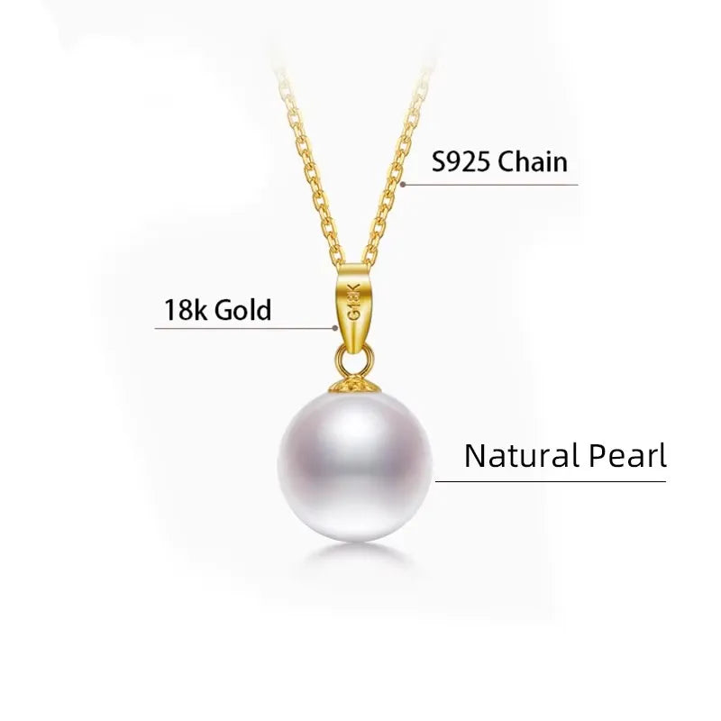 Real 18K Yellow Gold Necklace Pendant Round Natural Freshwater Pearl Pure AU750 Fine Jewelry for Women