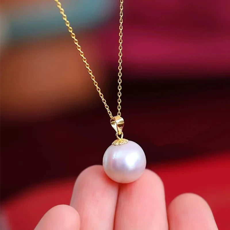 Real 18K Yellow Gold Necklace Pendant Round Natural Freshwater Pearl Pure AU750 Fine Jewelry for Women