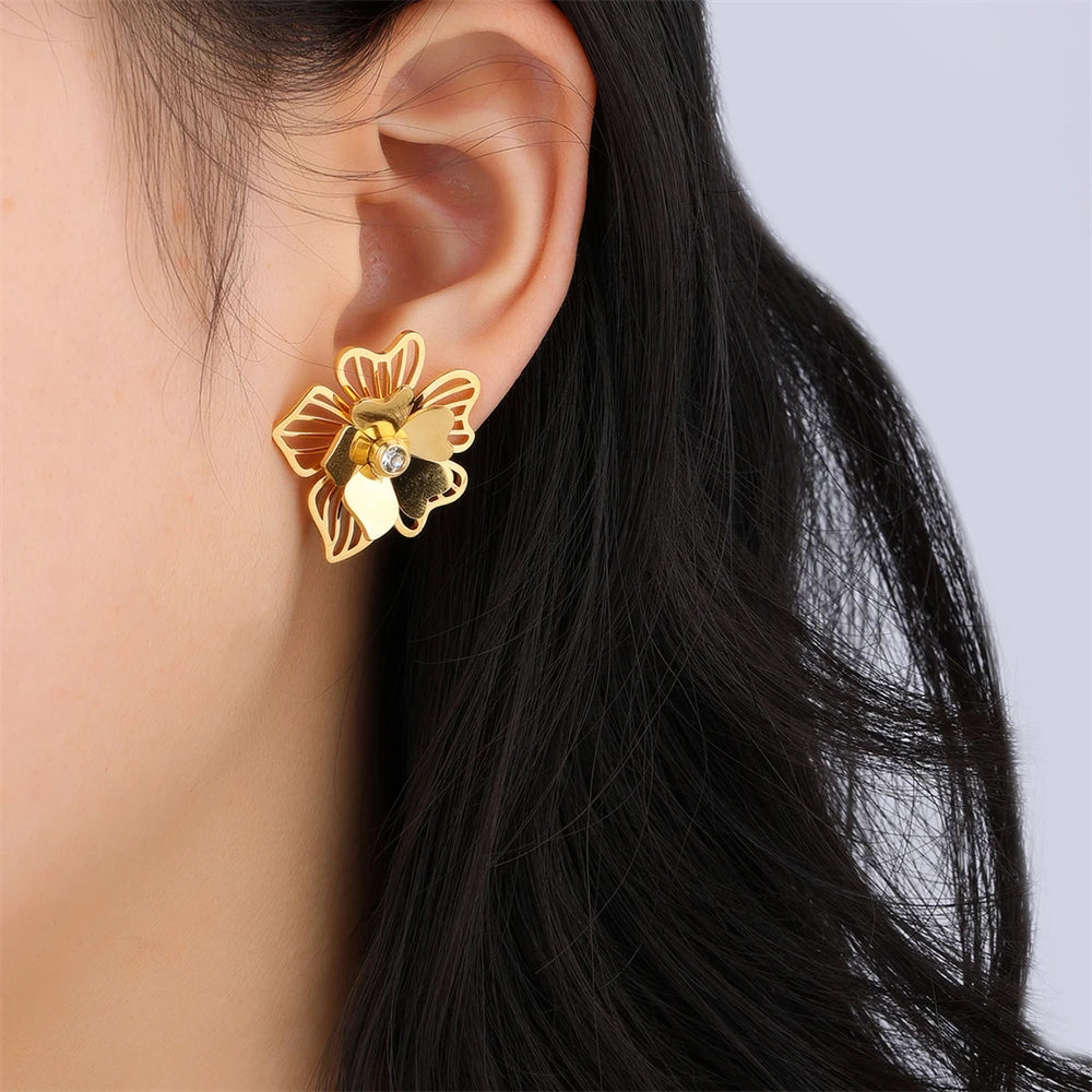 Multilayer Stainless Steel Flower Stud Earrings For Women  Earrings Simple Fashion Jewelry