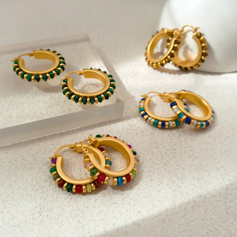 Retro Jewelry Green Stones Earrings Hot Sale Luxury Design High Quality Brass Metal Gold Color Hoop Earrings