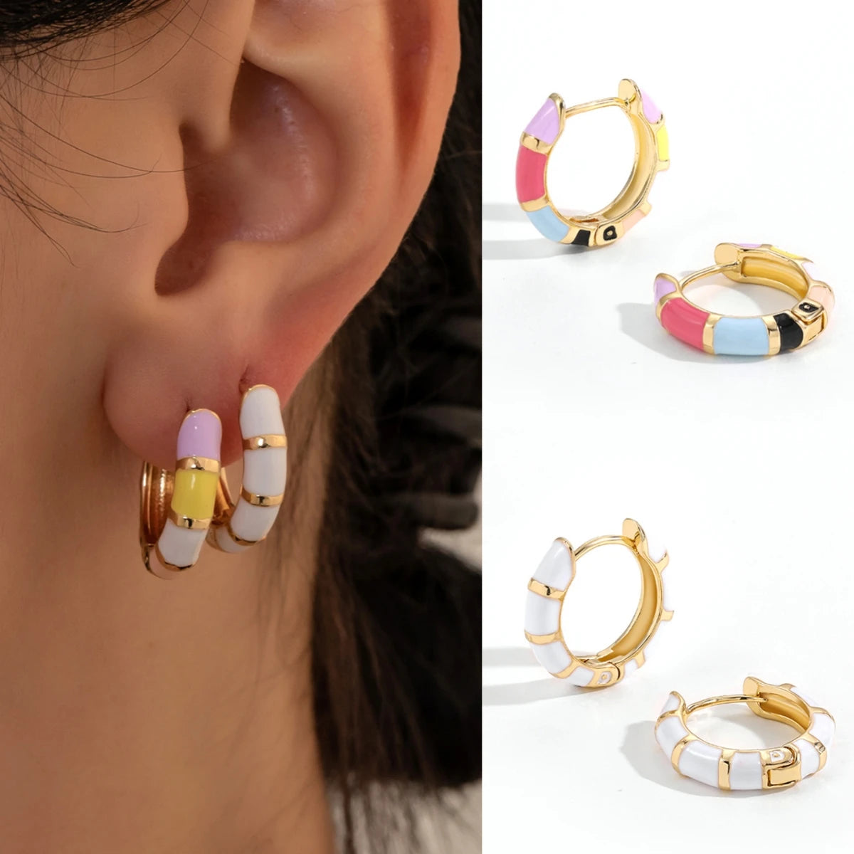 Cute Enamel Colorful Block Huggies Earrings for Women Rainbow Color Gold Plated Round Circle Ear Buckles Tiny Piercing Earrings