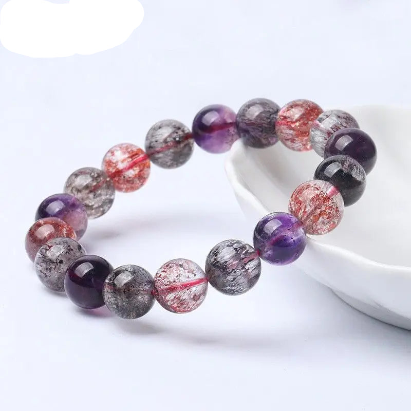 Natural Super Seven Crystal Beaded Bracelet – Amethyst and Strawberry Quartz Jewelry for Men and Women