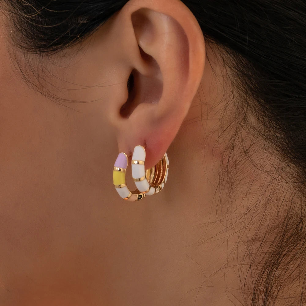 Cute Enamel Colorful Block Huggies Earrings for Women Rainbow Color Gold Plated Round Circle Ear Buckles Tiny Piercing Earrings