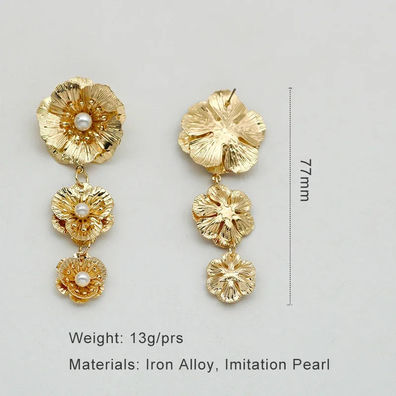 Metal Flower Imitation Pearl Post Earrings For Women Fashion Jewelry  Trendy New Styles