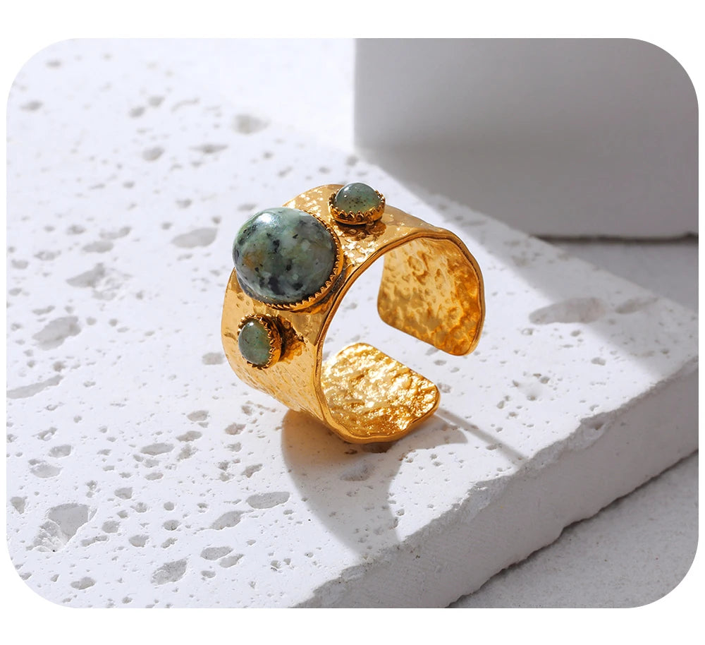 18K Gold Plated Stainless Steel Rings for Women Vintage Luxury Green Natural Stone Irregular Texture Trendy Jewelry